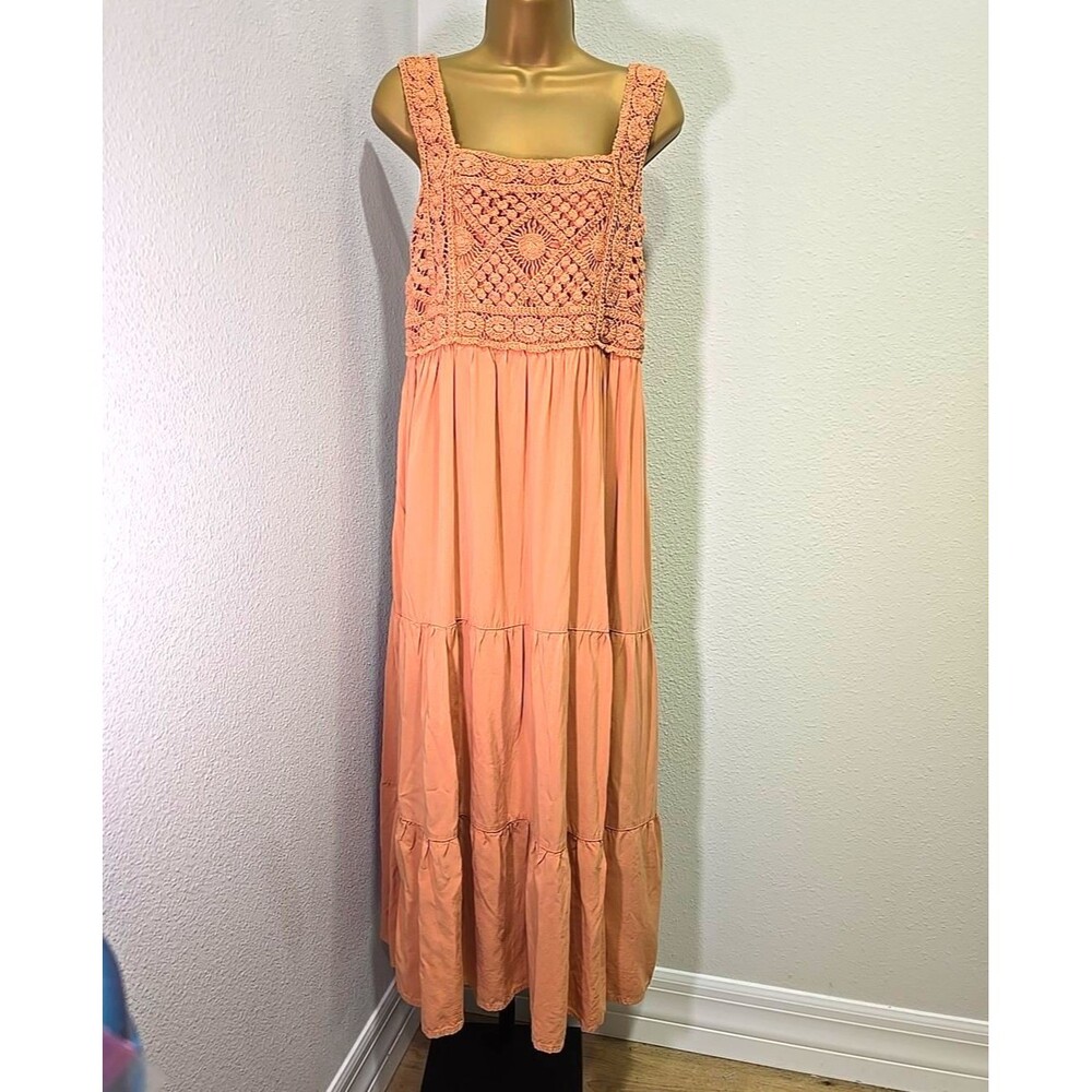 Heyson Crochet Tiered Midi Dress Womens L Coral Ruched Indie Cottage Boho Fairy